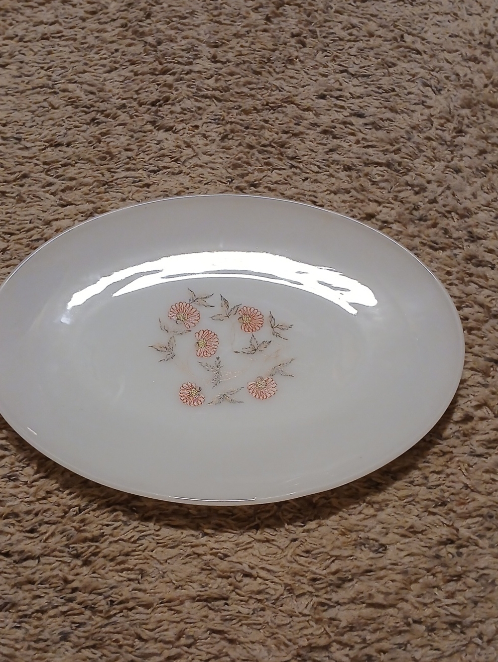 Fire King White Oval Platter with Pink Floral and Gold Trim